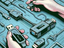 "USB to VGA adapter connected to a laptop and monitor, illustrating the need for driver installation for proper functionality."