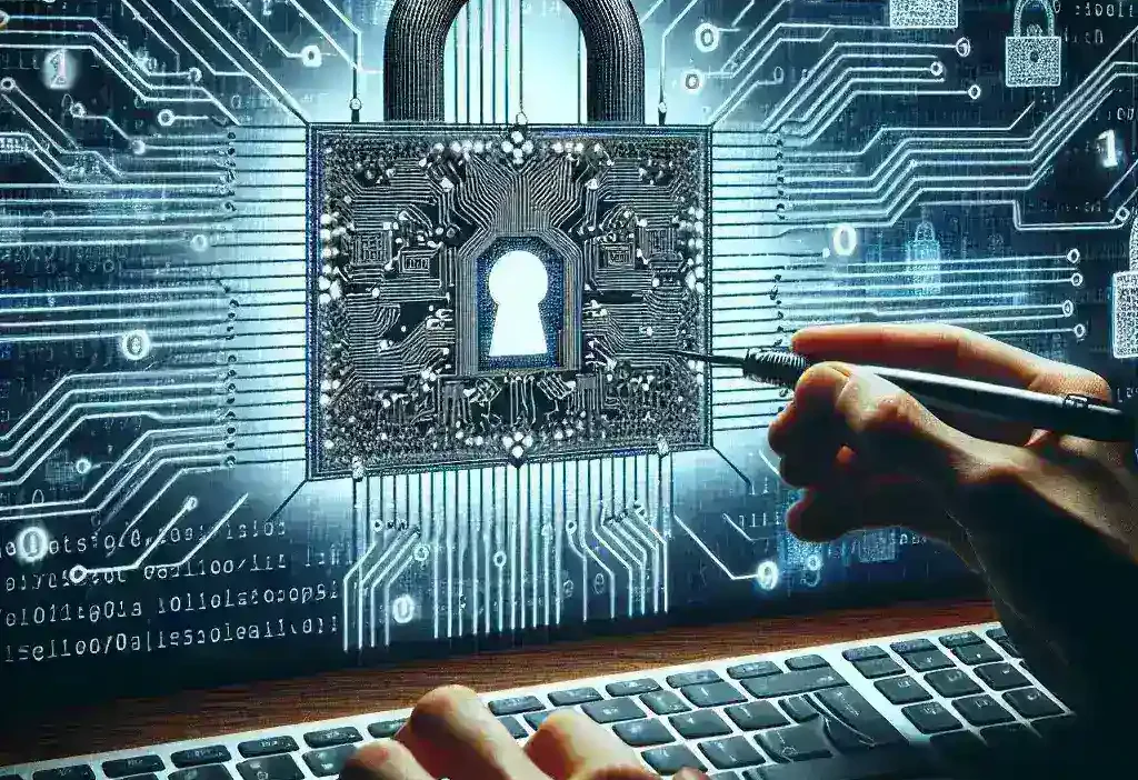 "Ethical hacker analyzing computer code on a laptop to identify security vulnerabilities in a network system"