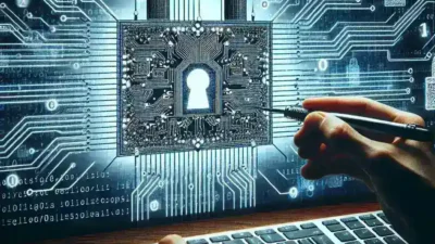"Ethical hacker analyzing computer code on a laptop to identify security vulnerabilities in a network system"