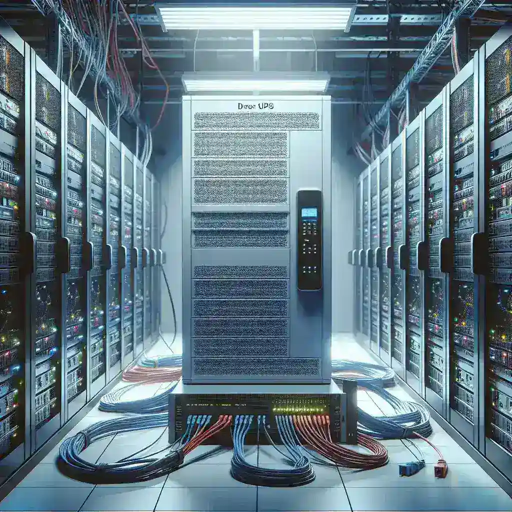 A central UPS unit surrounded by server racks and various cables in a data center environment.