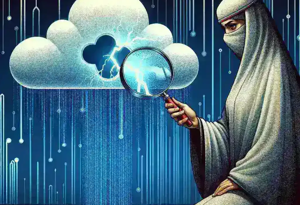 "Diagram illustrating detective controls for monitoring cloud breaches, featuring icons representing threat detection, data analysis, and security alerts in a cloud computing environment."