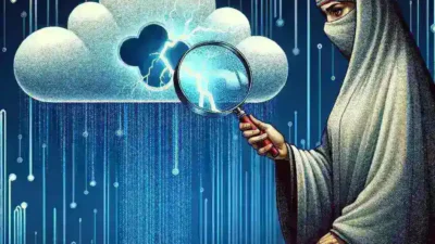 "Diagram illustrating detective controls for monitoring cloud breaches, featuring icons representing threat detection, data analysis, and security alerts in a cloud computing environment."