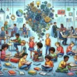 "Illustration of AI technology in education highlighting learning gap identification and resolution, featuring diverse students engaged with digital tools in a classroom setting."
