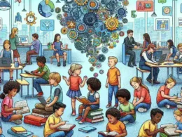 "Illustration of AI technology in education highlighting learning gap identification and resolution, featuring diverse students engaged with digital tools in a classroom setting."