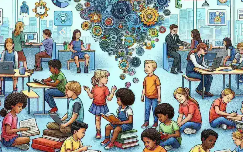 "Illustration of AI technology in education highlighting learning gap identification and resolution, featuring diverse students engaged with digital tools in a classroom setting."