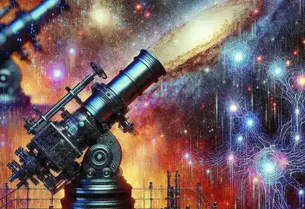 "AI-augmented telescope capturing cosmic background radiation of the early universe, showcasing intricate patterns and structures essential for understanding astrophysical phenomena."