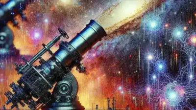 "AI-augmented telescope capturing cosmic background radiation of the early universe, showcasing intricate patterns and structures essential for understanding astrophysical phenomena."