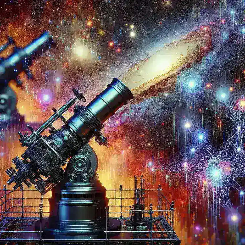 "AI-augmented telescope capturing cosmic background radiation of the early universe, showcasing intricate patterns and structures essential for understanding astrophysical phenomena."