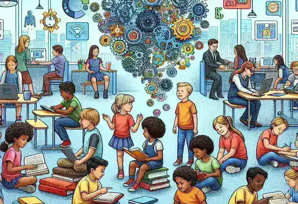 "Illustration of AI technology in education highlighting learning gap identification and resolution, featuring diverse students engaged with digital tools in a classroom setting."