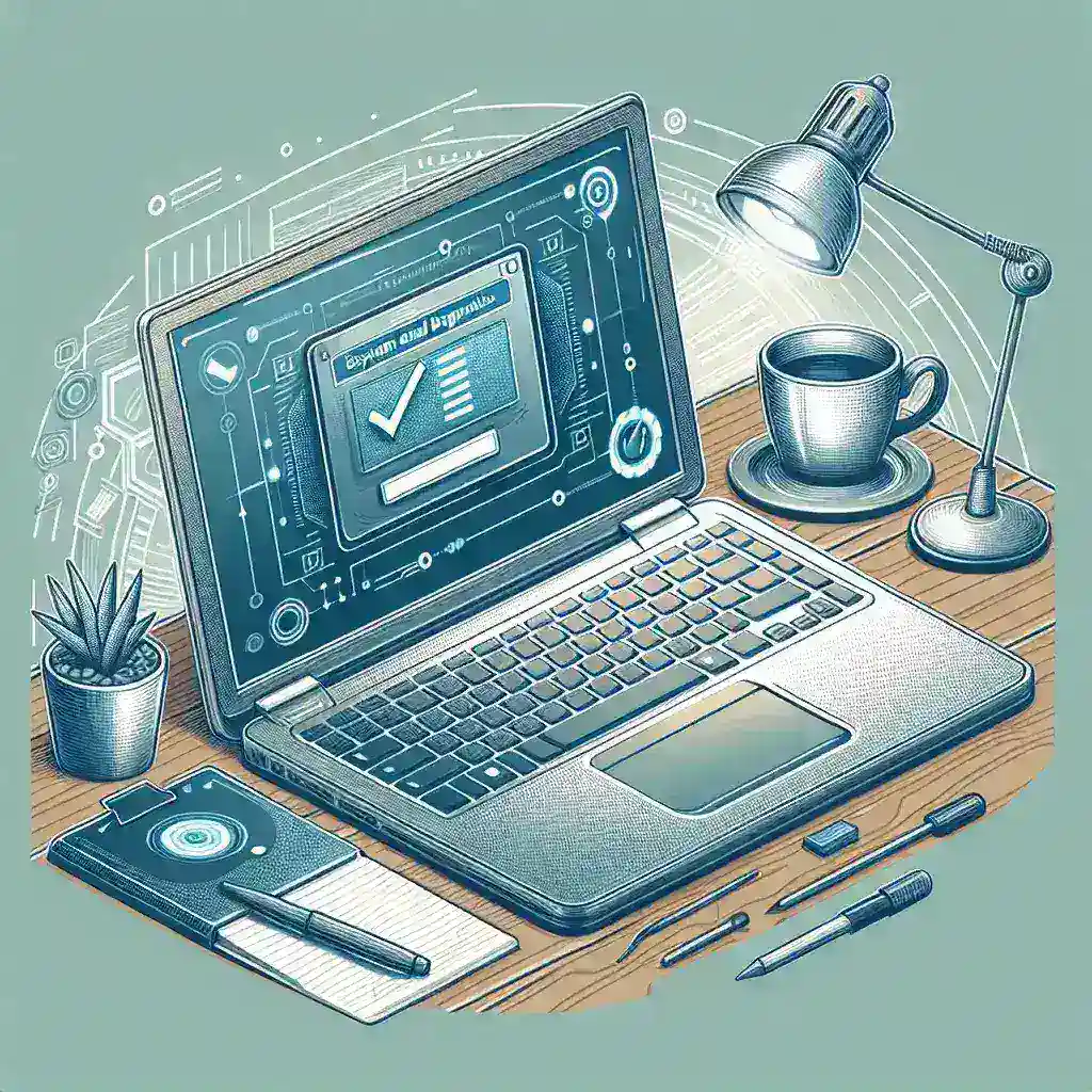 Illustration of a laptop displaying a digital interface with a checklist and a cup of coffee beside it.