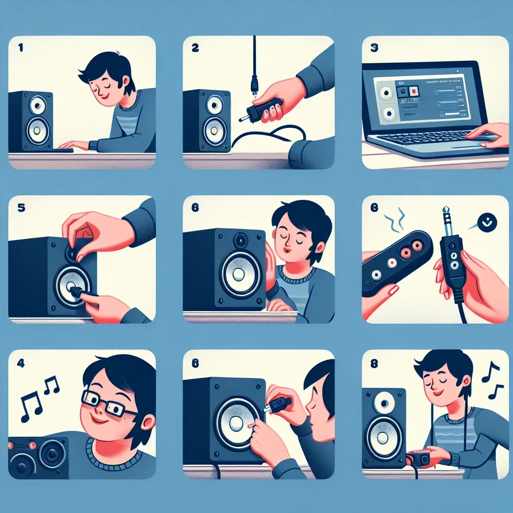 Illustration showing a step-by-step process for connecting speakers to a laptop with various tools and actions.