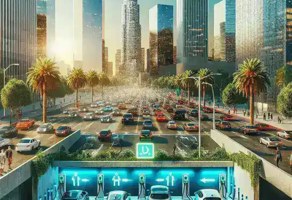 "Underground electric vehicle charging station in Los Angeles, showcasing innovative EV technology and urban sustainability initiatives."