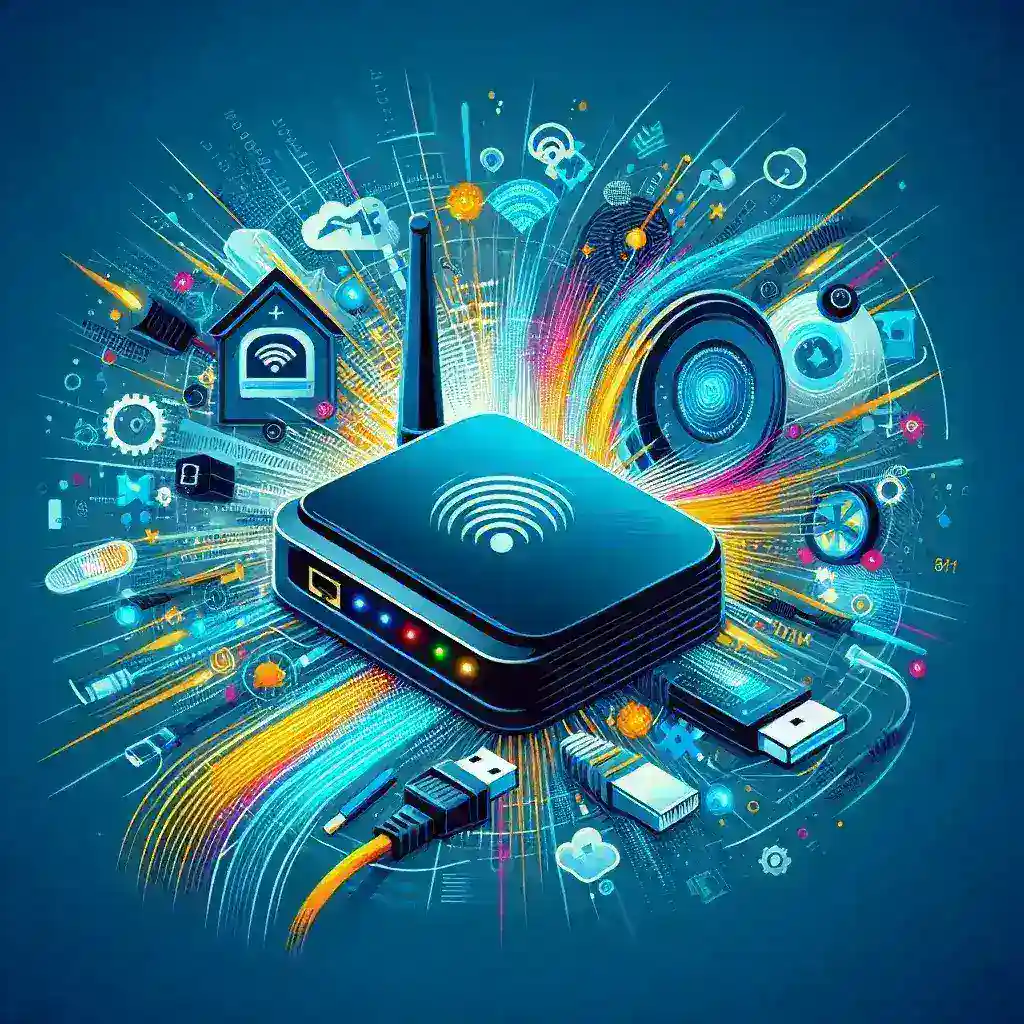Illustration of a wireless router surrounded by various connectivity icons and symbols in vibrant colors.