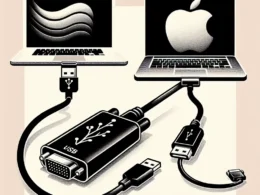 "USB to VGA adapter connected to a MacBook and a Windows laptop, illustrating compatibility and functionality for screen mirroring and additional displays."