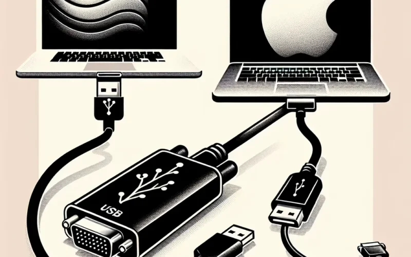 "USB to VGA adapter connected to a MacBook and a Windows laptop, illustrating compatibility and functionality for screen mirroring and additional displays."