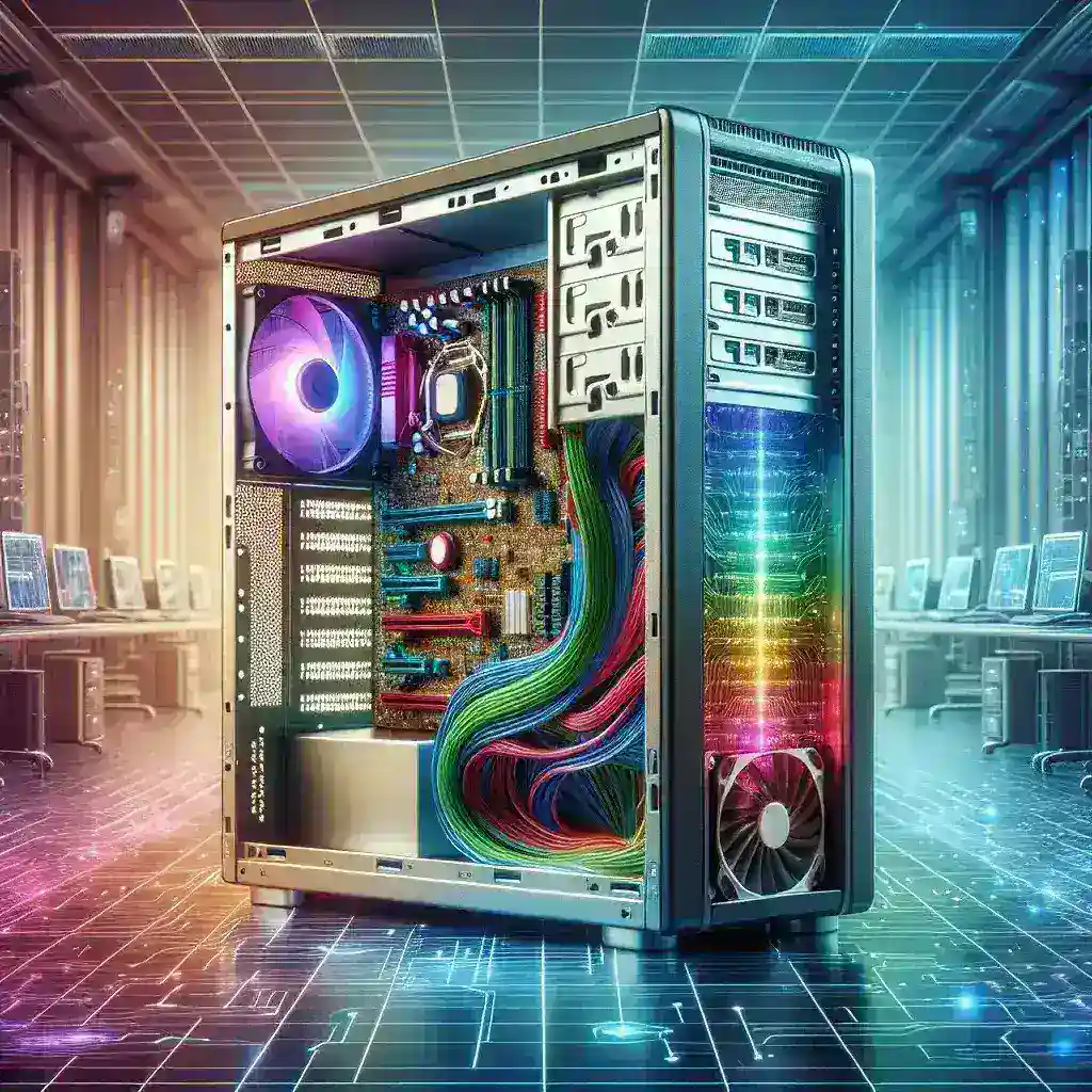 An open computer case displaying internal components, including colorful cables and cooling fans.
