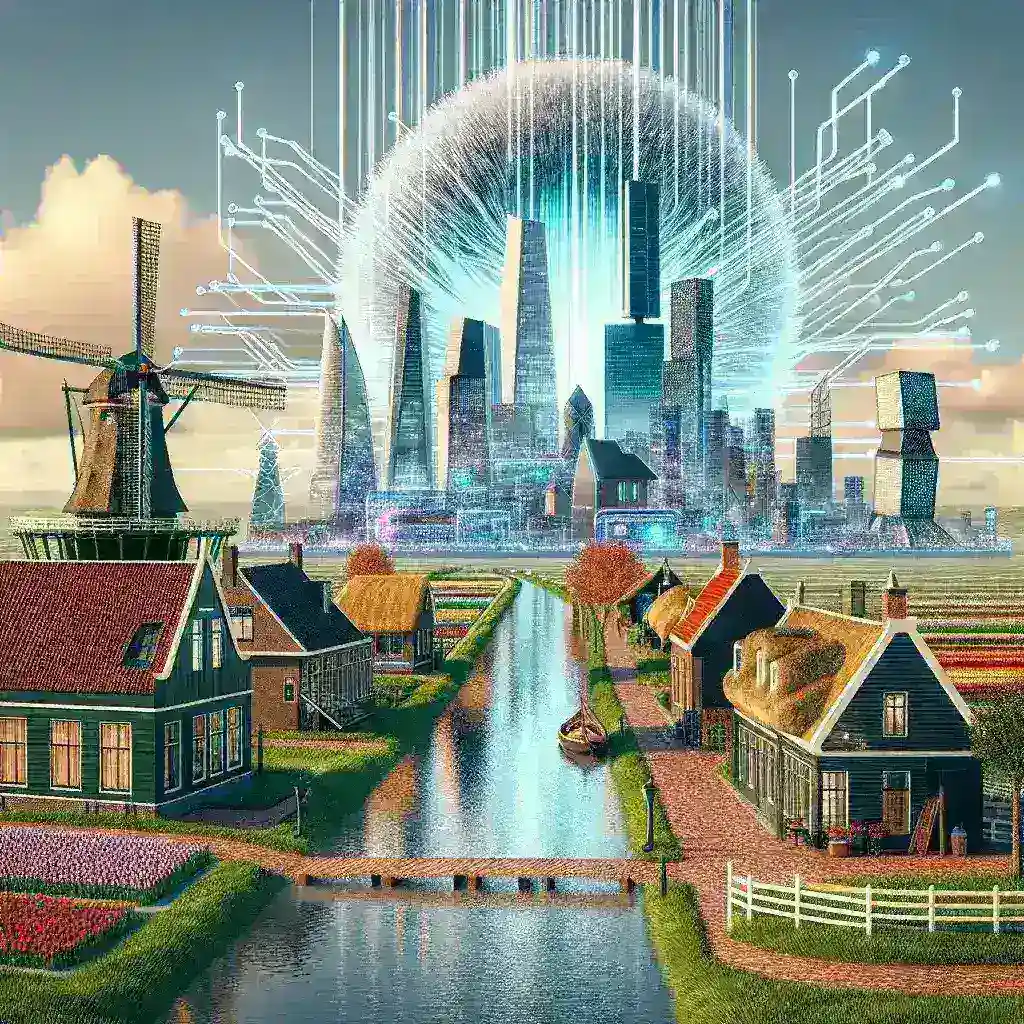 "Image of the Netherlands flag alongside advanced supercomputing technology, symbolizing the country's bid to establish an EU AI supercomputing hub for future advancements in artificial intelligence."