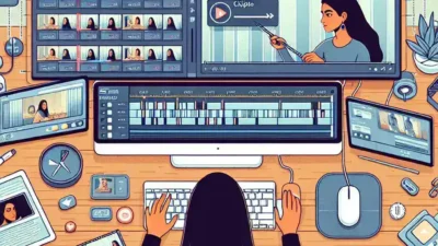 "Content creators using video editing software to split long videos into chapters, illustrating the process of organizing video content for better viewer engagement."