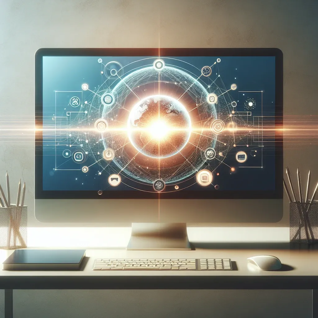 Computer monitor showing a digital network visualization with a glowing globe and interconnected icons.