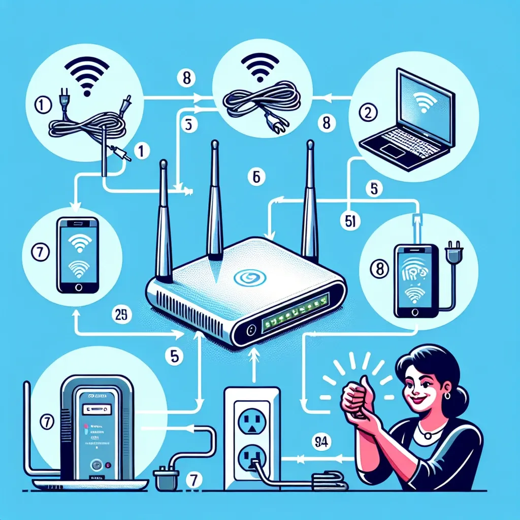 Illustration showing the setup process for a Wi-Fi router with various connected devices.