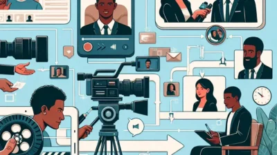 Alt text: "A video production team combining interviews, B-roll footage, and presentation slides during a video editing session for an informative guide."