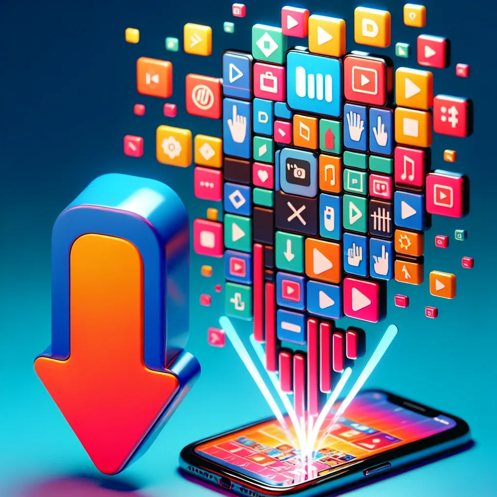 Smartphone displaying various colorful download icons emerging from the screen.