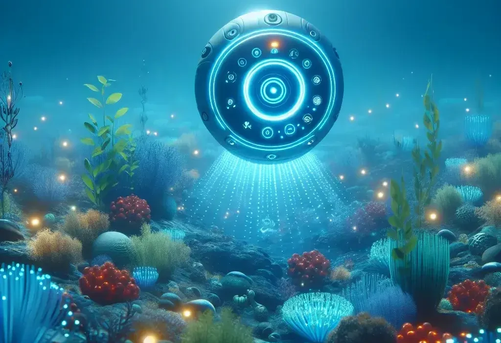 "Image illustrating the concept of Blue Carbon: Marine AI technology monitoring coastal ecosystems for effective carbon capture and climate change mitigation."