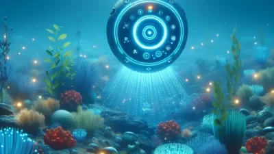 "Image illustrating the concept of Blue Carbon: Marine AI technology monitoring coastal ecosystems for effective carbon capture and climate change mitigation."