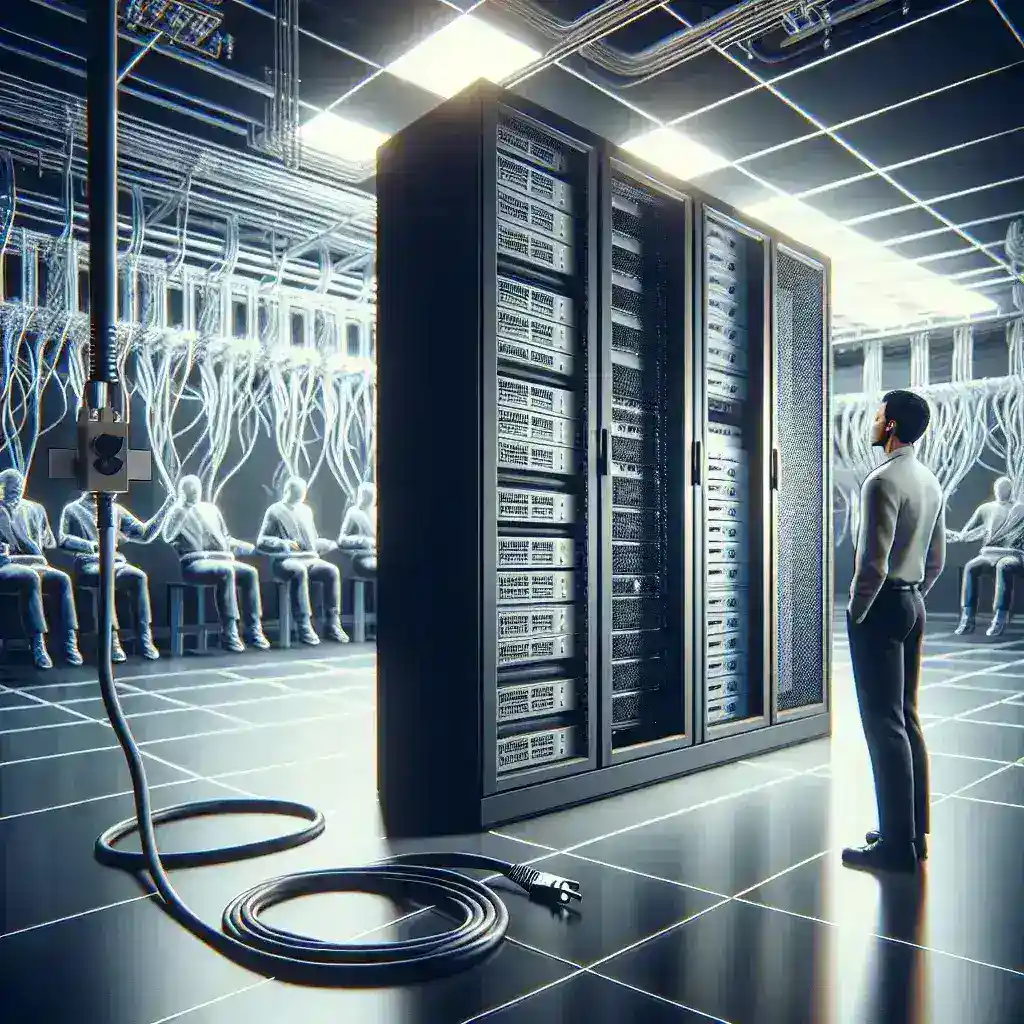 A person observing server racks in a data center with a futuristic design and illuminated background.