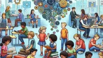 "Illustration of AI technology in education highlighting learning gap identification and resolution, featuring diverse students engaged with digital tools in a classroom setting."