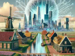 "Image of the Netherlands flag alongside advanced supercomputing technology, symbolizing the country's bid to establish an EU AI supercomputing hub for future advancements in artificial intelligence."