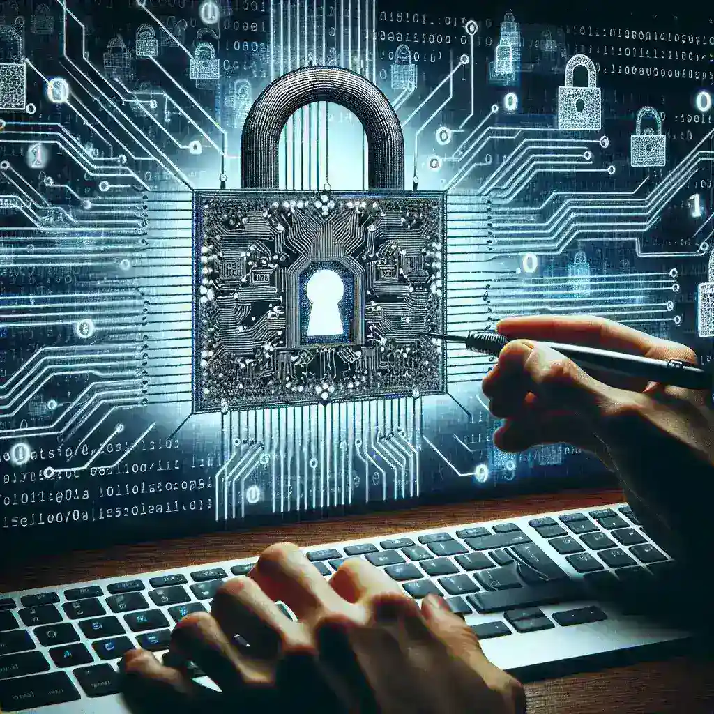"Ethical hacker analyzing computer code on a laptop to identify security vulnerabilities in a network system"
