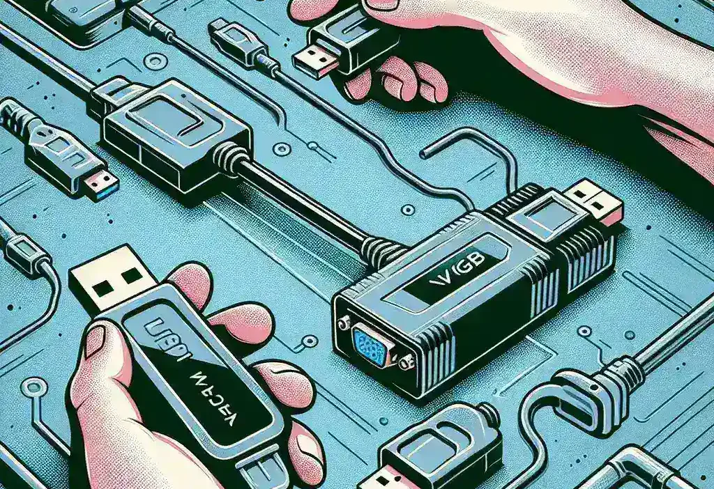 "USB to VGA adapter connected to a laptop and monitor, illustrating the need for driver installation for proper functionality."