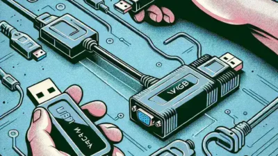 "USB to VGA adapter connected to a laptop and monitor, illustrating the need for driver installation for proper functionality."