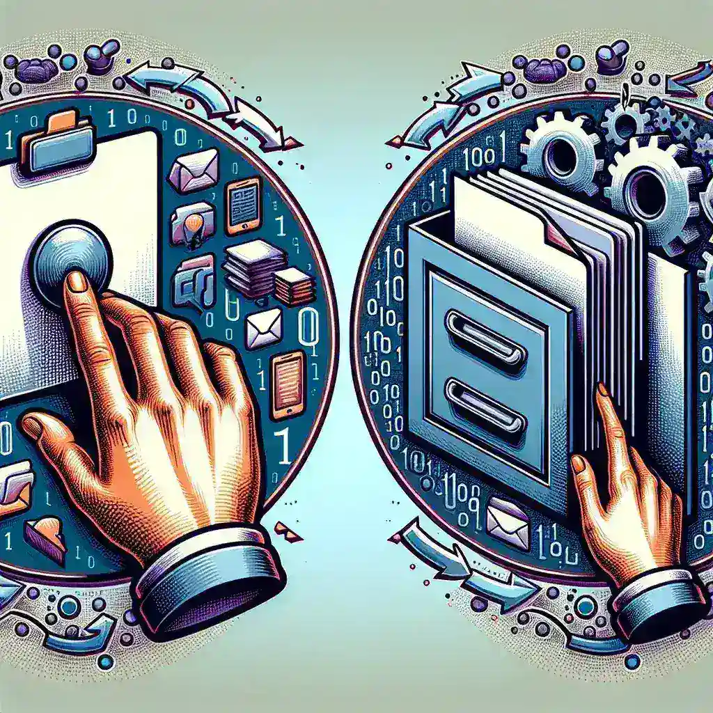 Illustration of hands interacting with digital file management icons and gears on a blue background.