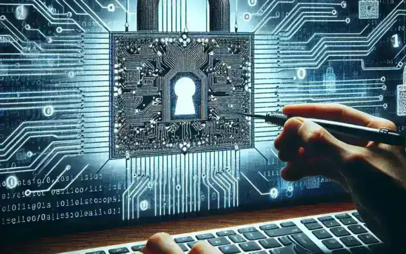 "Ethical hacker analyzing computer code on a laptop to identify security vulnerabilities in a network system"