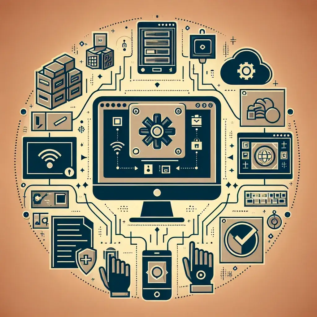 Illustration depicting various digital technology and data management icons around a central computer monitor.