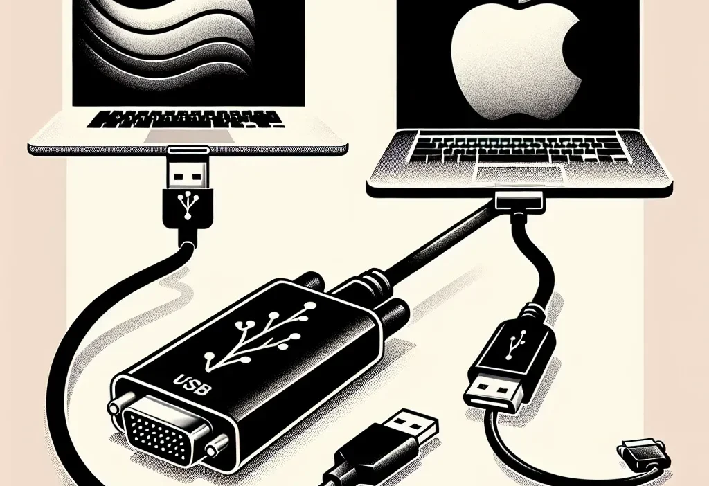 "USB to VGA adapter connected to a MacBook and a Windows laptop, illustrating compatibility and functionality for screen mirroring and additional displays."