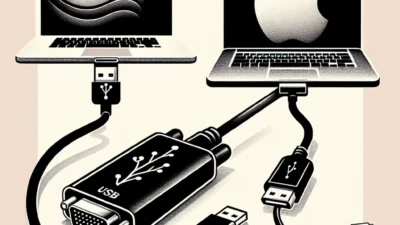"USB to VGA adapter connected to a MacBook and a Windows laptop, illustrating compatibility and functionality for screen mirroring and additional displays."