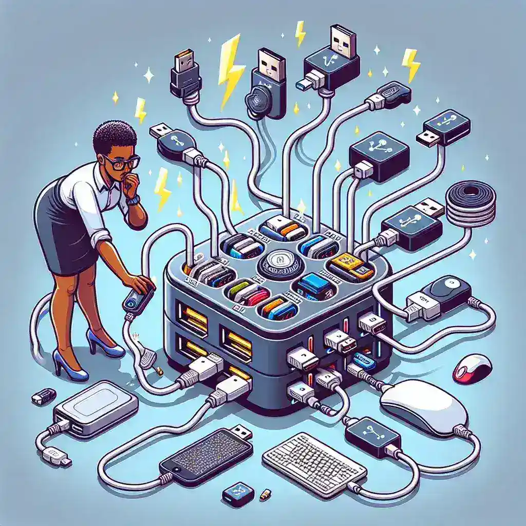 Illustration of a woman interacting with a complex charging station with multiple cables and devices connected.