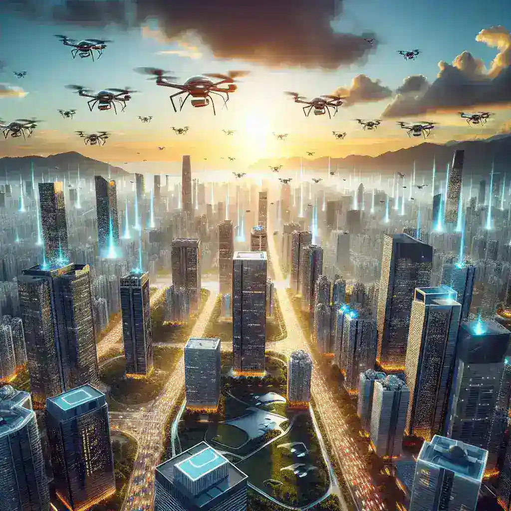 Aerial view of a futuristic city skyline with multiple drones flying above tall buildings at sunset.