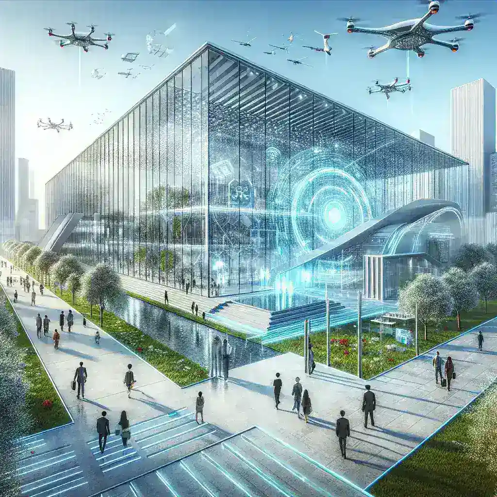 A modern glass building surrounded by drones and people walking on pathways.