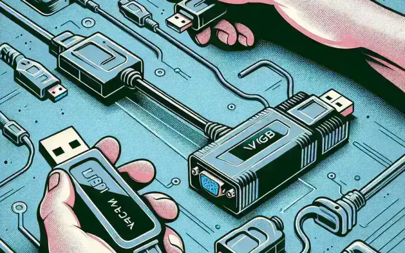 "USB to VGA adapter connected to a laptop and monitor, illustrating the need for driver installation for proper functionality."