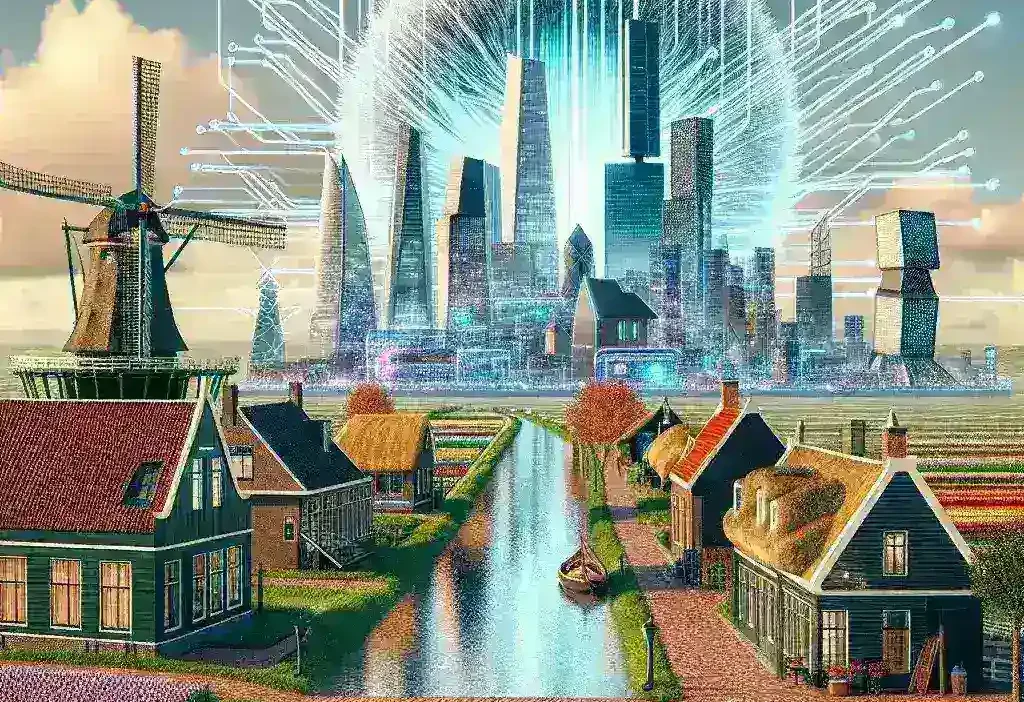 "Image of the Netherlands flag alongside advanced supercomputing technology, symbolizing the country's bid to establish an EU AI supercomputing hub for future advancements in artificial intelligence."