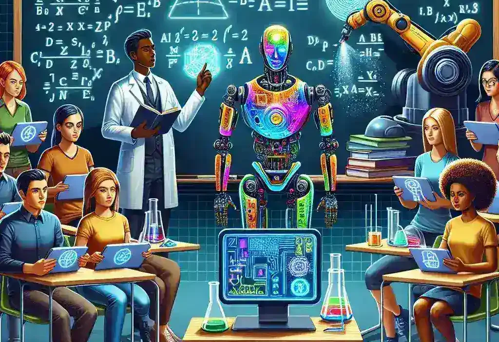 "AI technology in education: A teacher using artificial intelligence software to analyze student performance data and identify learning gaps in a classroom setting."