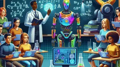 "AI technology in education: A teacher using artificial intelligence software to analyze student performance data and identify learning gaps in a classroom setting."
