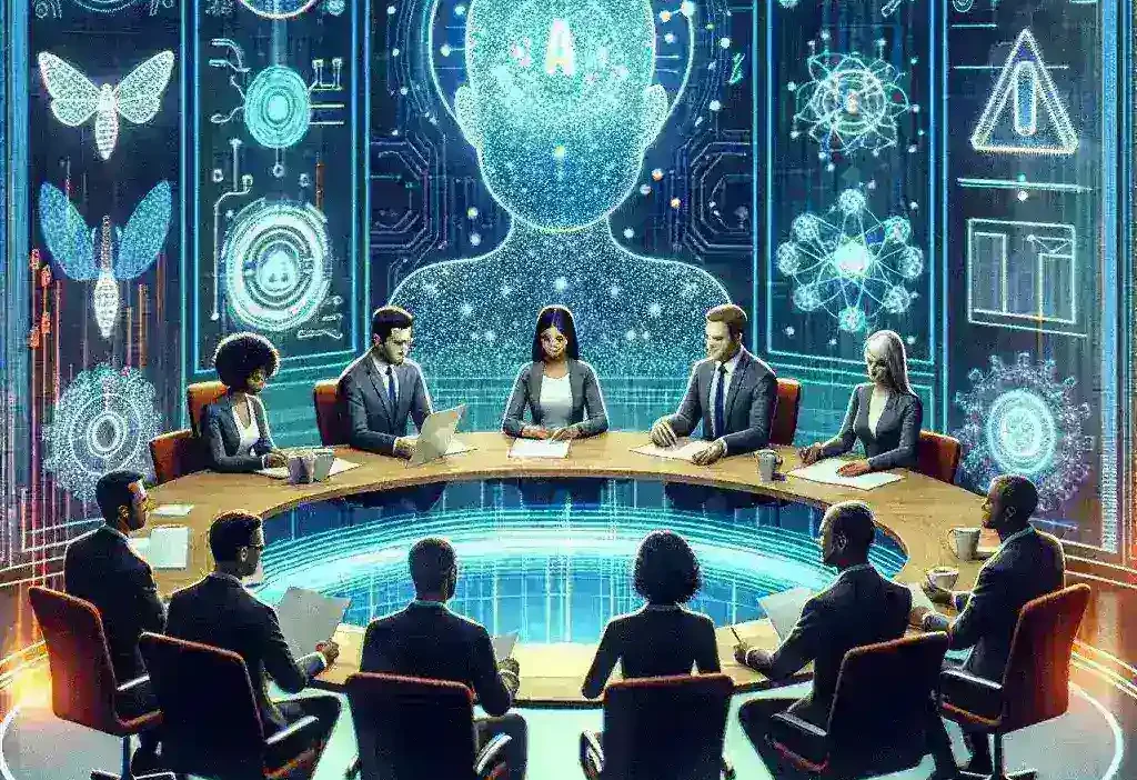 "Illustration of a futuristic AI technology concept with digital data visualization, representing the U.S. SEC's new disclosure requirements for publicly traded tech firms in the financial sector."