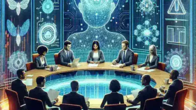 "Illustration of a futuristic AI technology concept with digital data visualization, representing the U.S. SEC's new disclosure requirements for publicly traded tech firms in the financial sector."