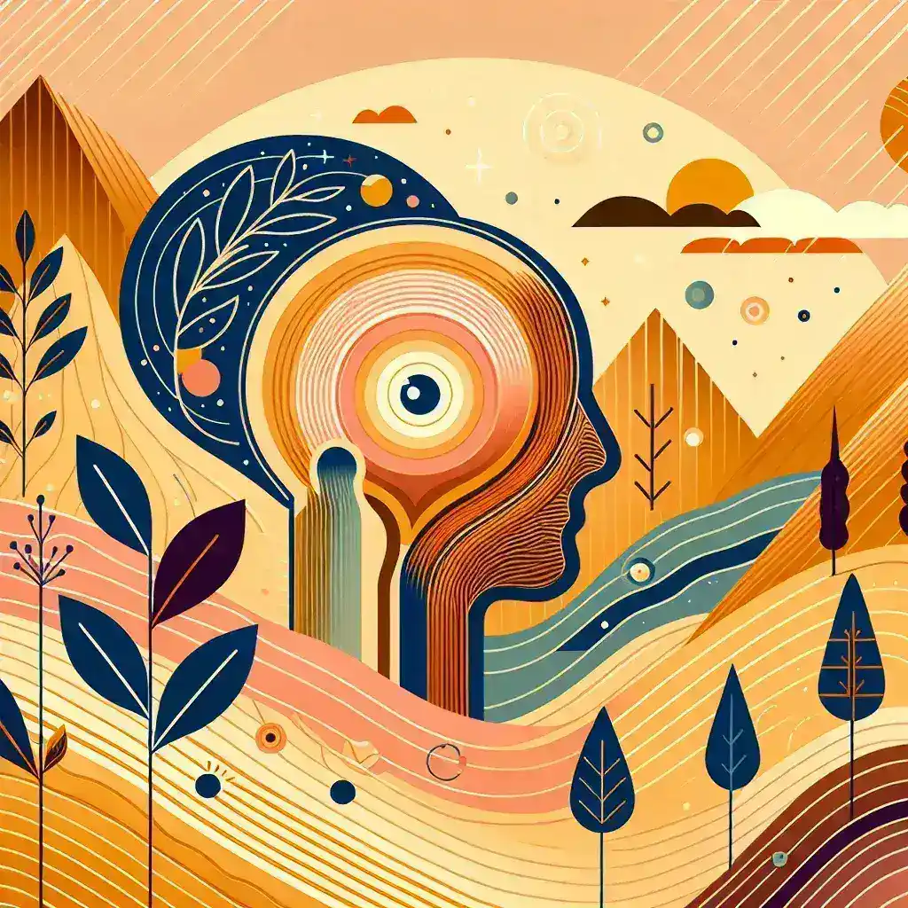 Abstract illustration featuring a human profile with nature elements like mountains and plants.