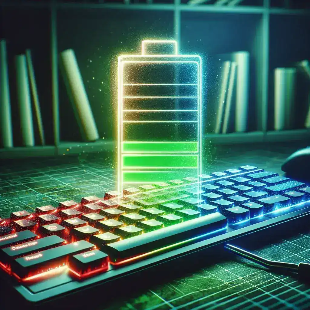 A keyboard with illuminated keys and a glowing battery icon displayed above it.